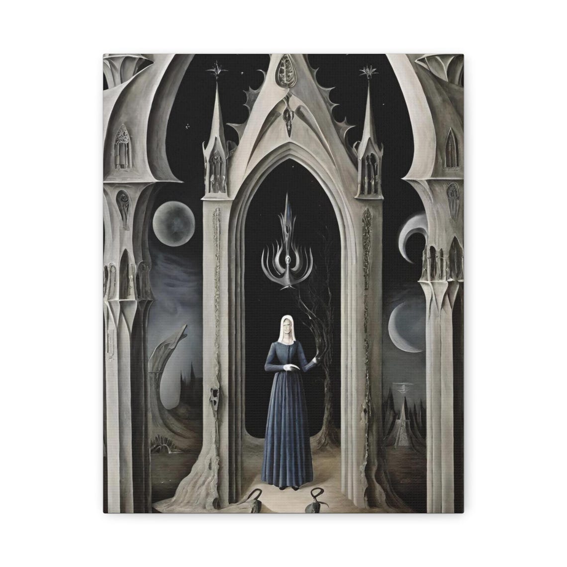 Gothic Woman Dark Cathedral Arch Crescent Moons Fantasy Art Poster