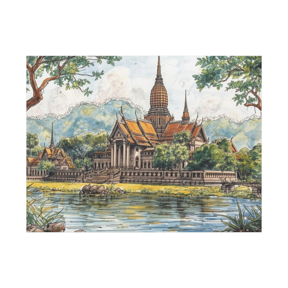 Thai Temple Lakeside Watercolor Traditional Architecture Poster