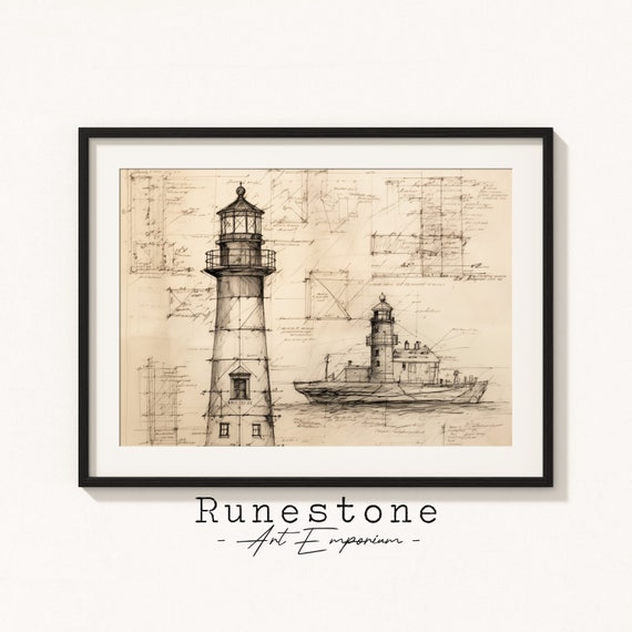 Antique Architecture Plans Of Lighthouse Rough Sketch Minimal Wall Art Nautical Etching Neutral Coastal Print