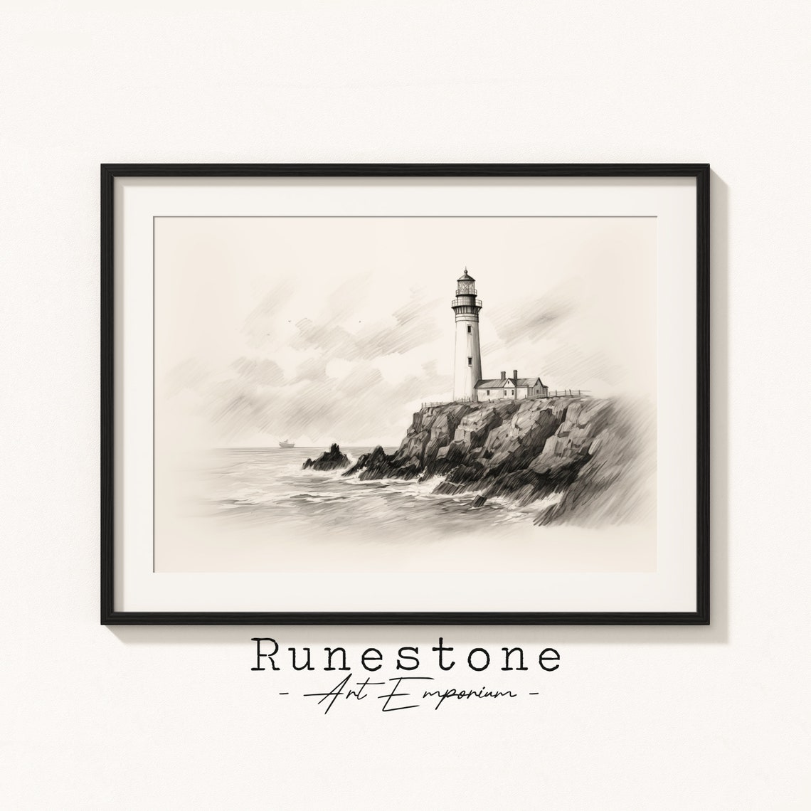 Stormy Lighthouse Rocky Cliff Keeper Cottage Sketch Coastal Poster