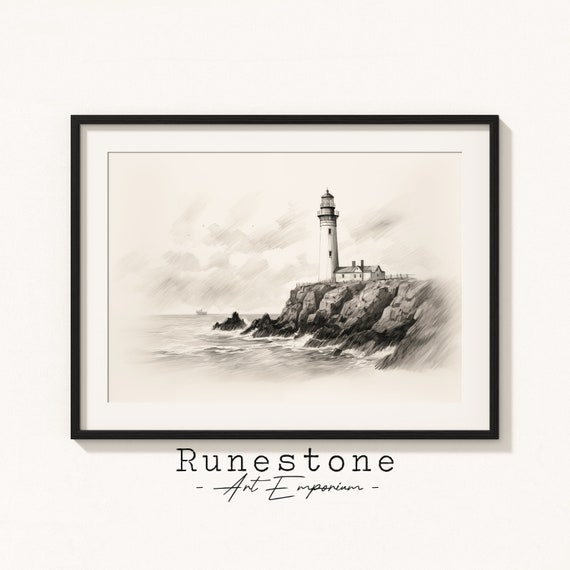 Lighthouse Illustration Coastal Wall Art Minimal Landscape Pencil Drawing Home Decor Neutral Print