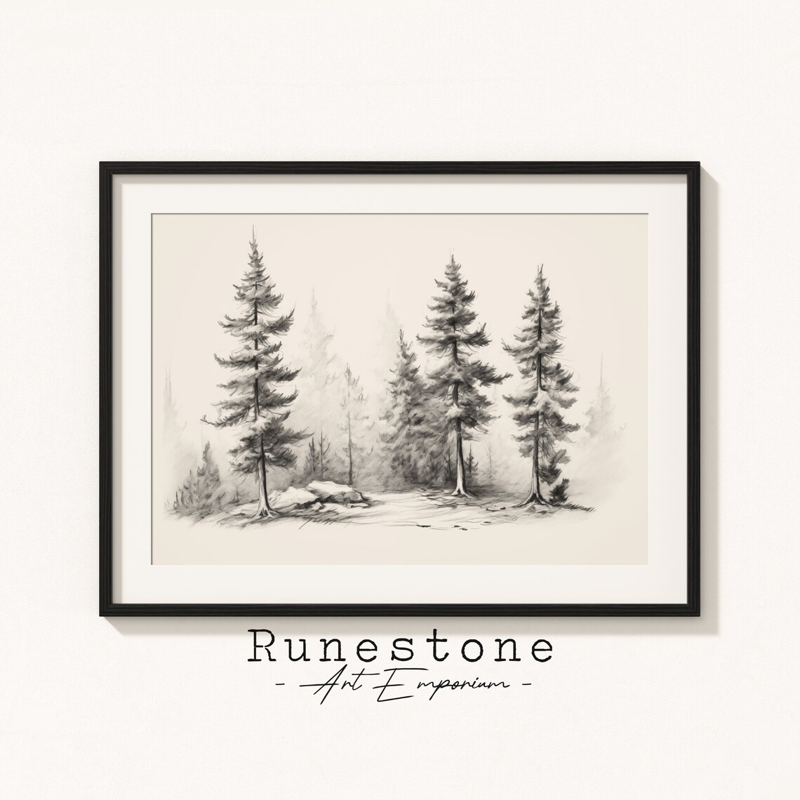 Pine Treeline Botanical Sketch, Minimal Landscape Art Print
