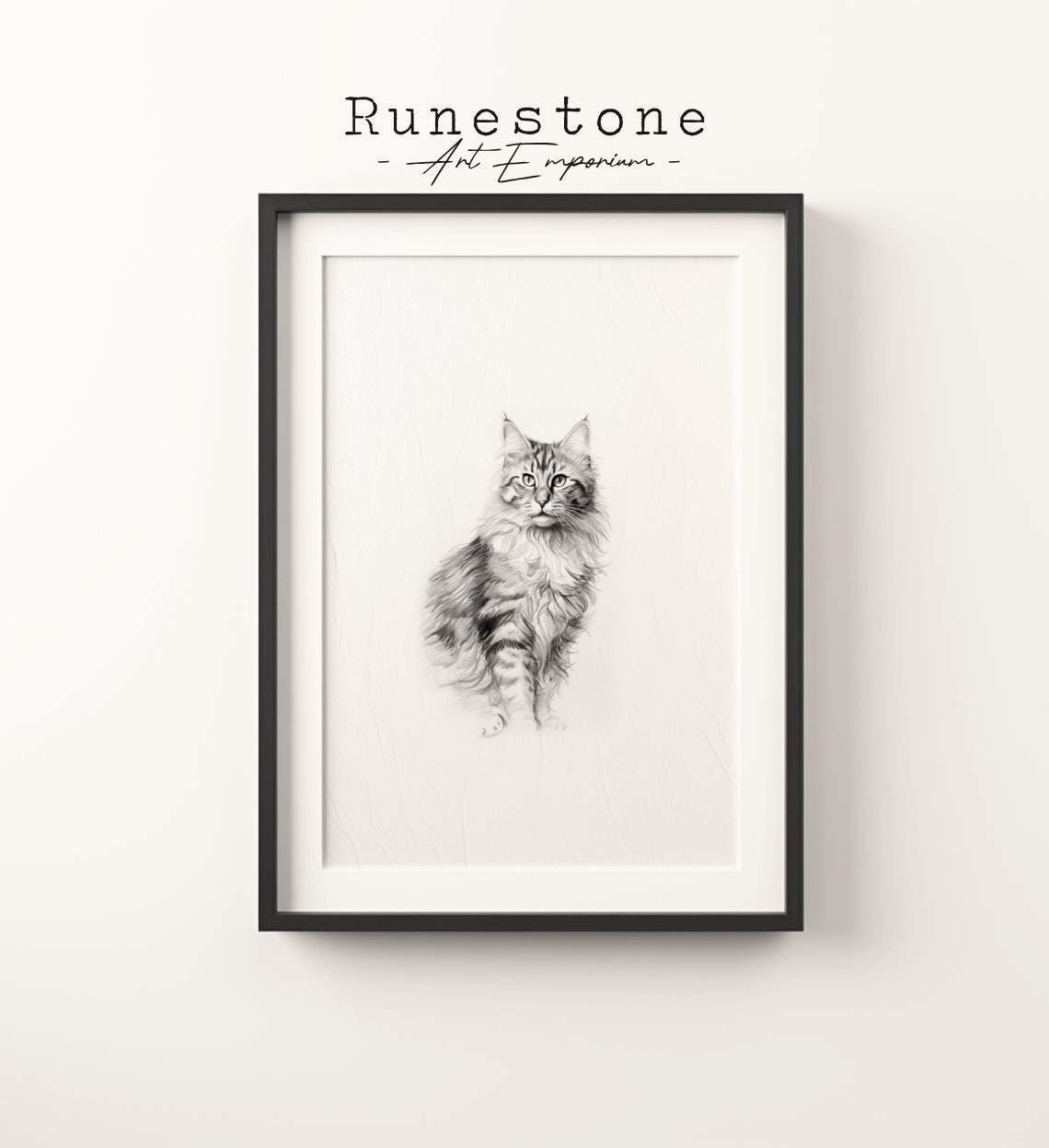 Long Haired Tabby Cat Pencil Sketch Minimal Detailed Pet Art Poster