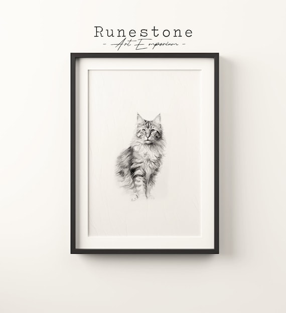 Long Haired Tabby Cat Pencil Sketch Minimal Detailed Pet Art Poster
