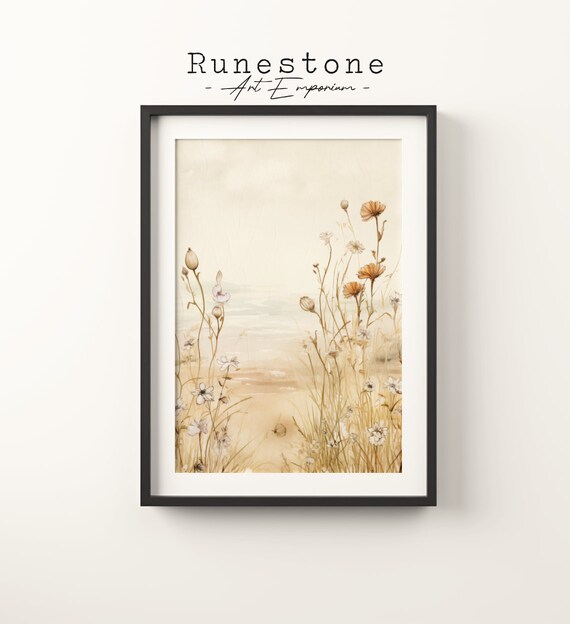 Beige Wildflowers Meadow Watercolor Botanical Boho Decor Poster