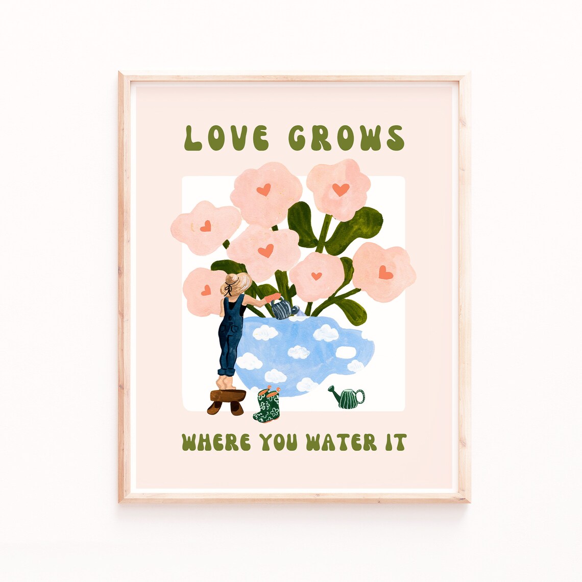 Love Grows Gardener Watering Giant Pink Heart Flowers Whimsical Print - Image 4