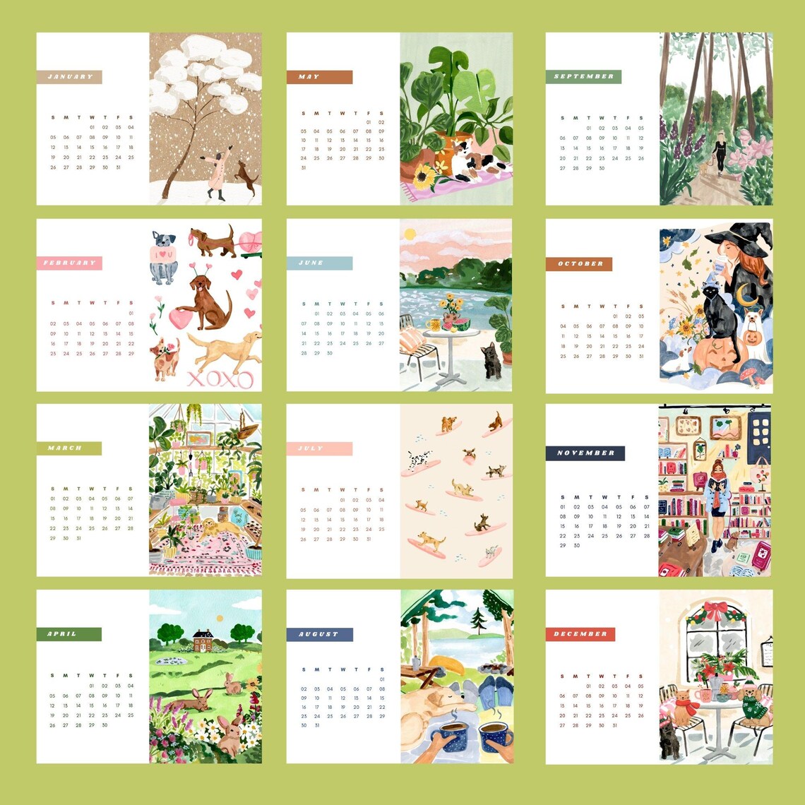 2025 Monthly Calendar Sweet Animals Watercolor Art Print Dog Cat Bunny - Image 3