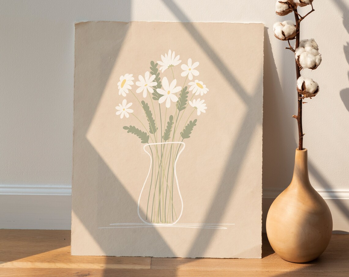 Daisies Boho Botanical Art Print, Neutral Floral
