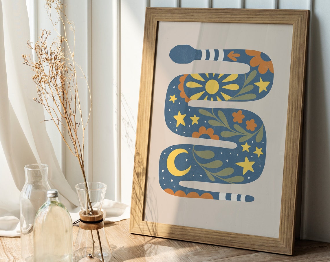 Blue Celestial Snake with Moon Stars and Florals Folk Poster