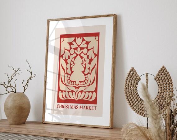 Christmas Market Red Folk Art Tree European Holiday Decorative Wall Poster