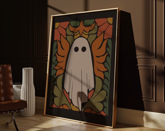 Cute Ghost Retro Autumn Floral Dark Halloween Vintage Wall Art