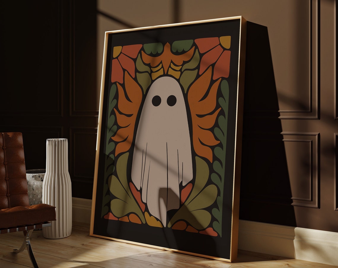 Cute Ghost Retro Autumn Floral Dark Halloween Vintage Wall Art