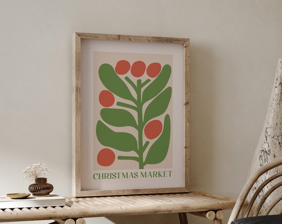 Christmas Market Bold Botanical With Red Berries Modern Wall Art