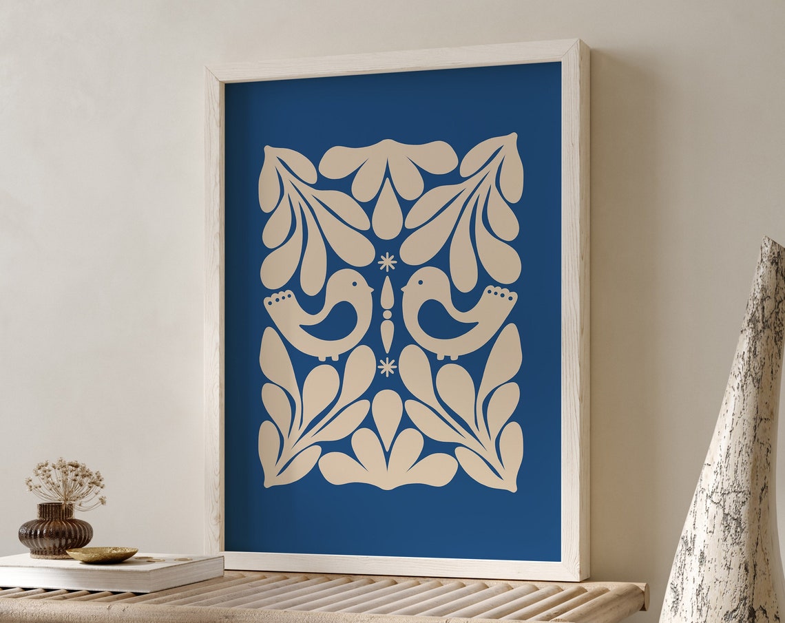 Scandinavian Folk Birds And Foliage Navy Blue Ornamental Wall Art