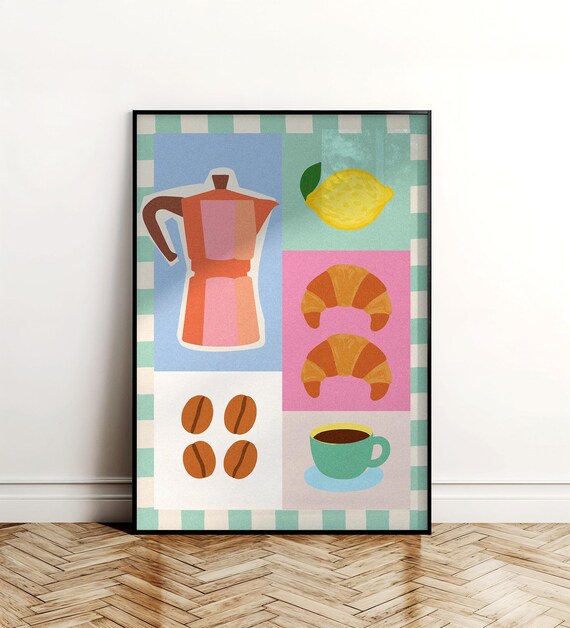 Moka Pot Croissants Lemon Colorful Kitchen Grid Collage Poster