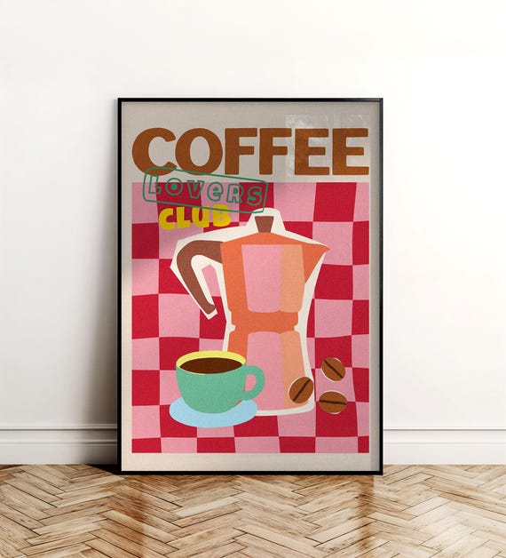 Coffee Lovers Club Art Print Retro Moka Pot Kitchen Decor