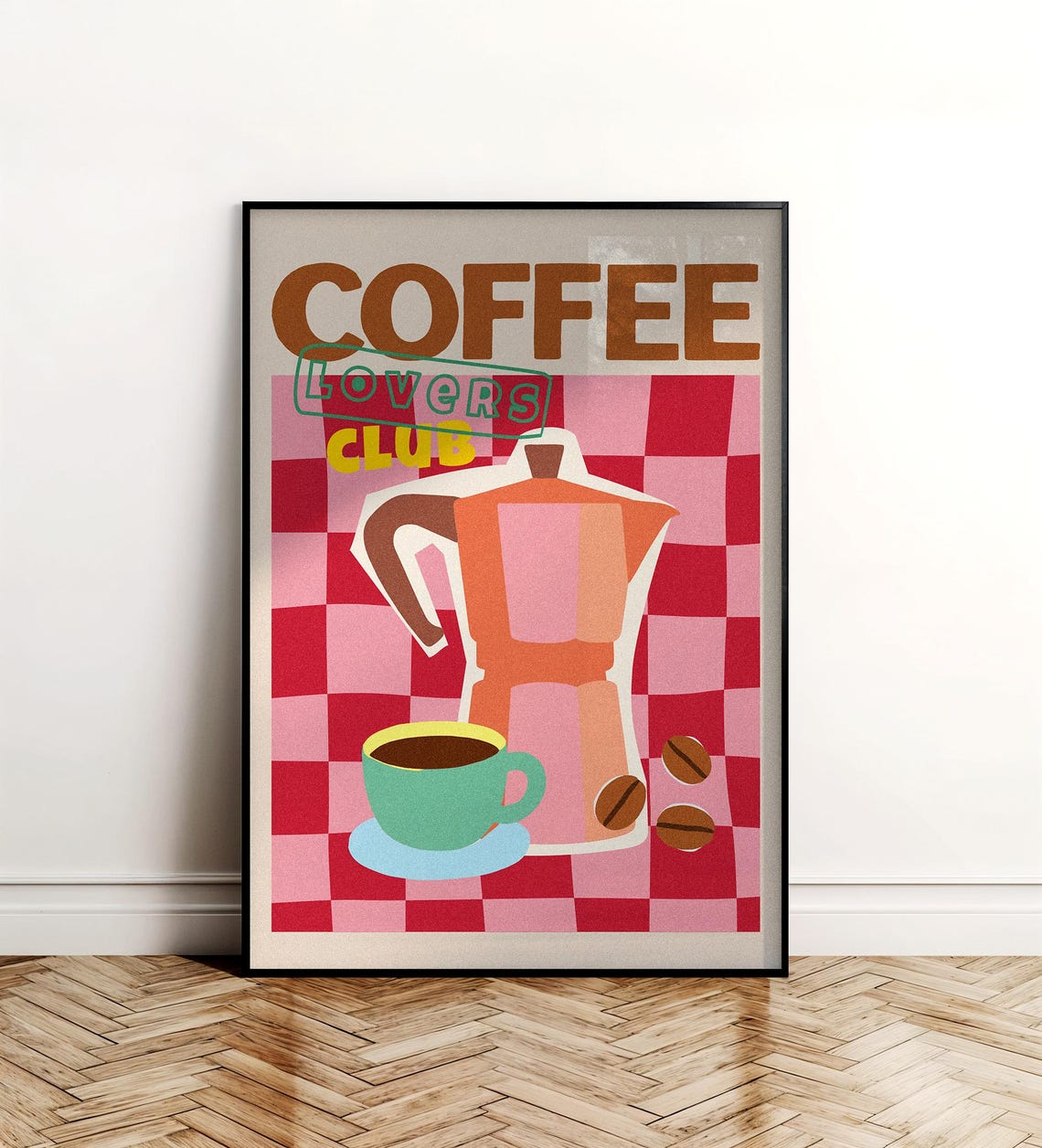 Coffee Lovers Club Retro Moka Pot Red Checkerboard Kitchen Poster