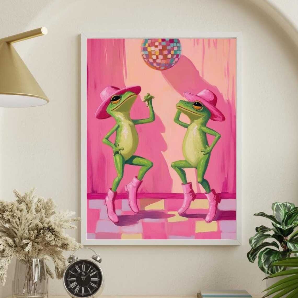 Dancing Frogs Pink Cowboy Hats Boots Disco Party Funny Frog Poster