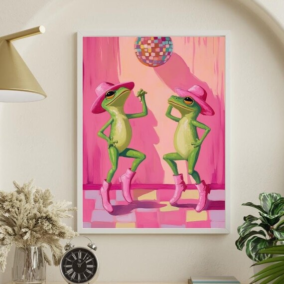 Dancing Frogs Pink Cowboy Hats Boots Disco Party Funny Frog Poster