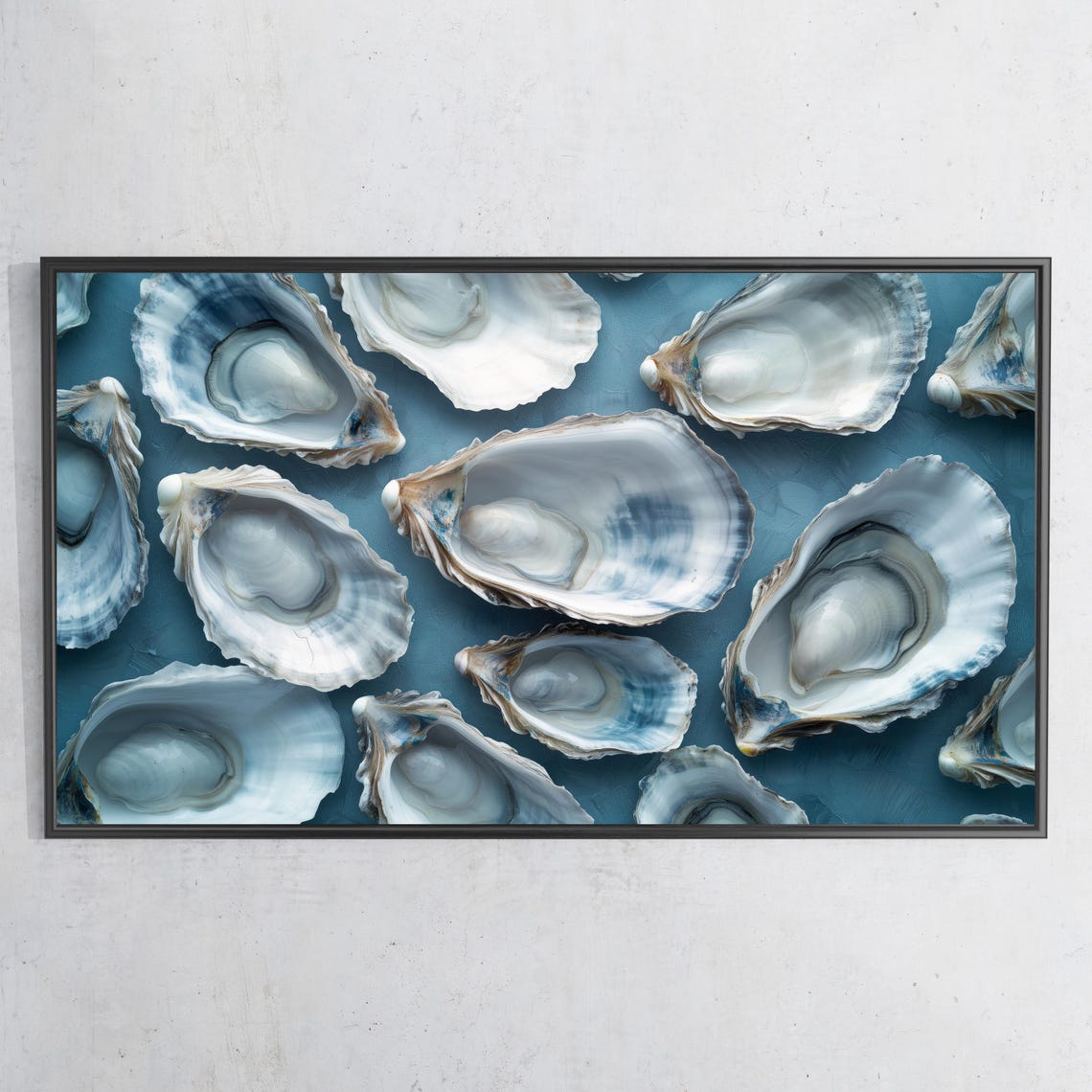 Oyster Shells Teal Blue Background Coastal Still Life Beach Wall Art