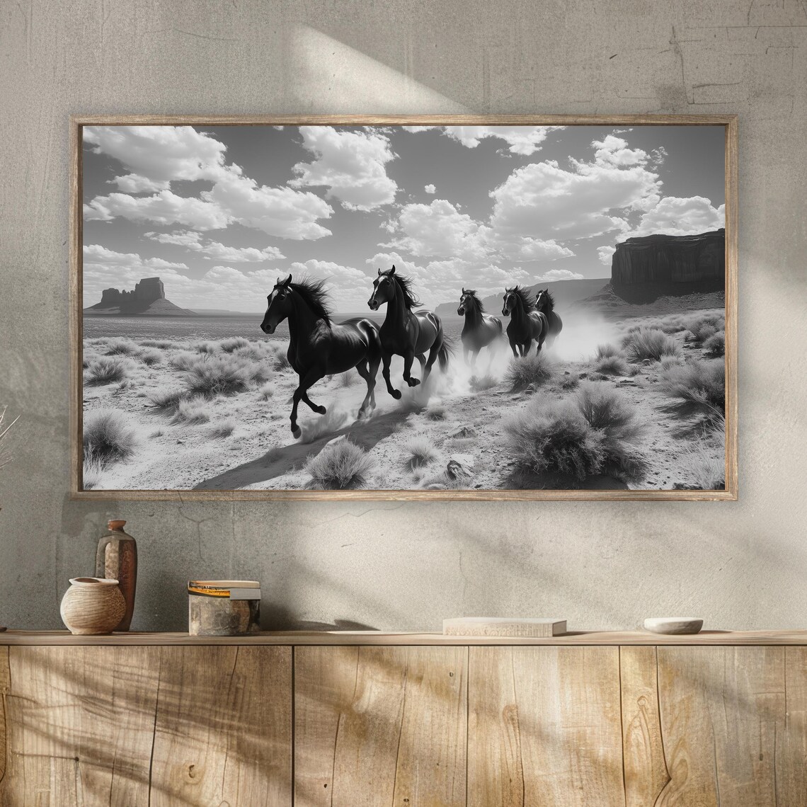 Wild Horses Running Desert Buttes Black White Nature Travel Poster - Image 2