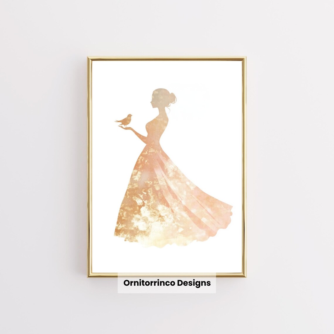 Blush Rose Gold Princess Silhouette Bird Watercolor Gown Poster