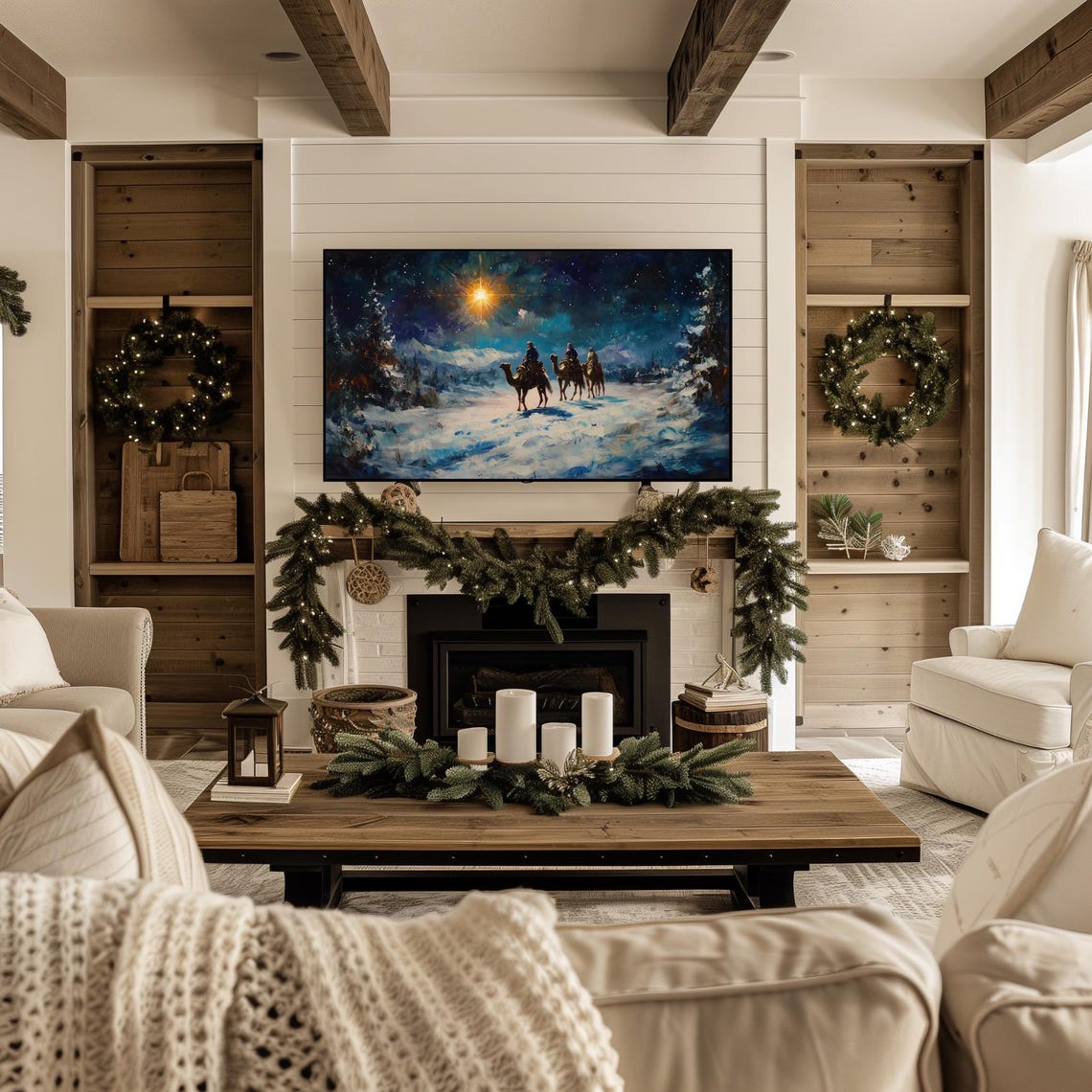 Three Wise Men Camels Starry Night Snowy Christmas Painting Poster - Image 3
