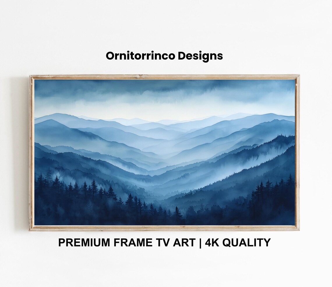 Blue Misty Mountain Layers Smoky Ridge Watercolor Landscape Wall Art