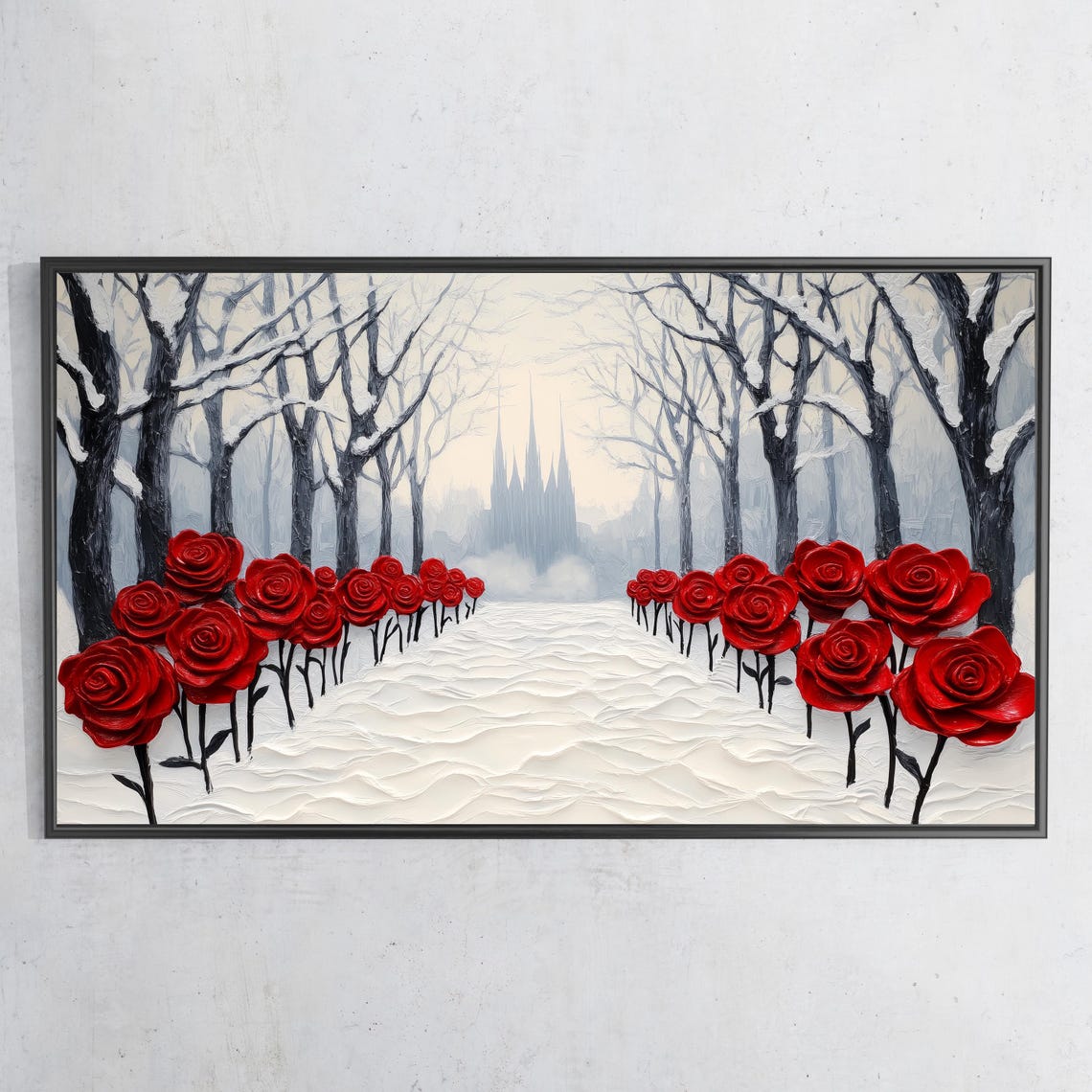 Red Roses Winter Snowy Path Textured Bloom Painting Wall Art