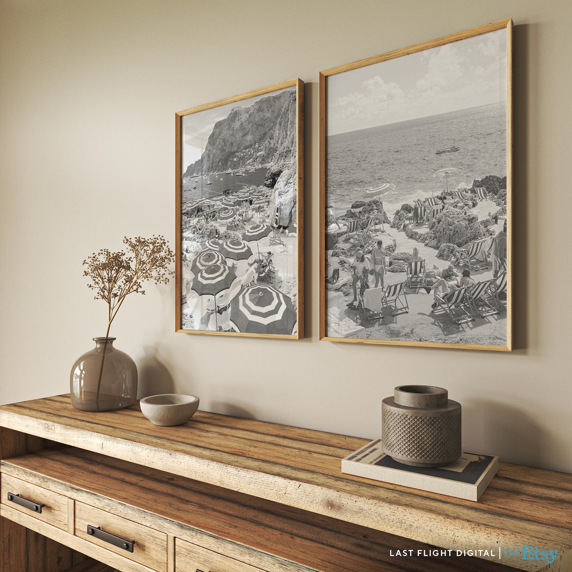 Italy Capri Rocky Beach Umbrellas Coastline Black White Poster - Image 2