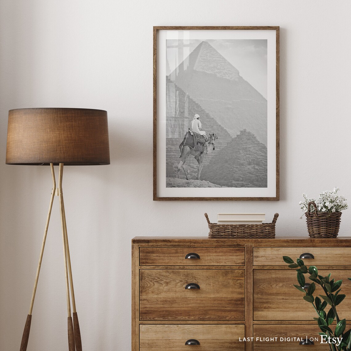 Egypt Giza Pyramid Camel Rider Desert Silhouette Black White Poster - Image 2