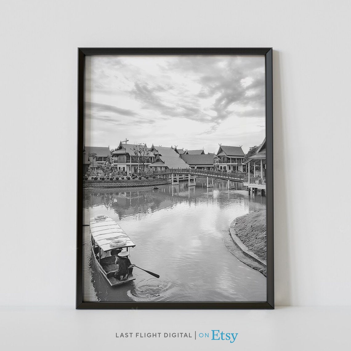 Thailand Pattaya Riverside Village Boat Scene Black White Poster