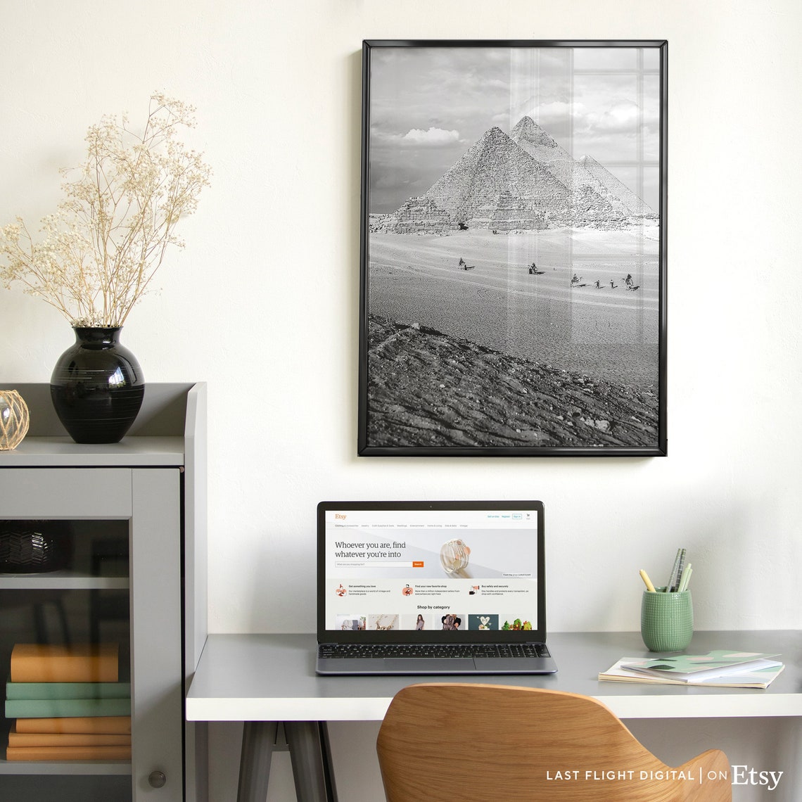 Egypt Giza Pyramids Camel Riders Desert Black And White Poster - Image 3