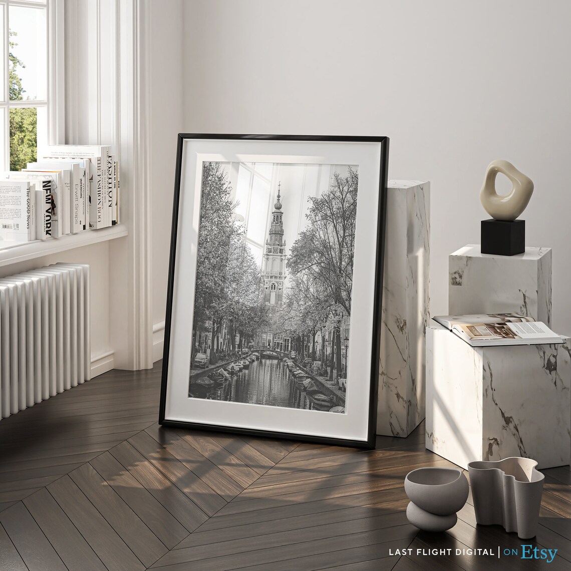 Amsterdam Netherlands Westerkerk Canal Boats Black White Poster - Image 5