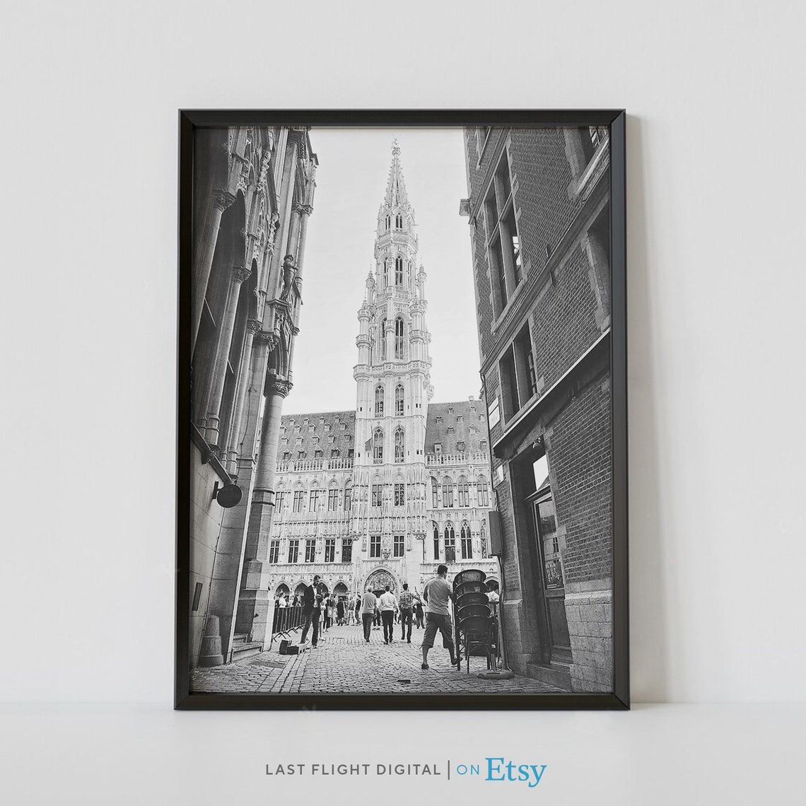Brussels Belgium Grand Place Town Hall Tower Black White Poster
