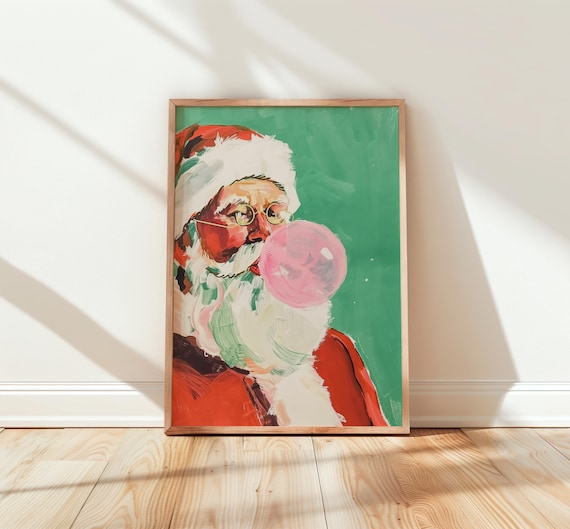 Jolly Santa Blowing Bubblegum Vintage Christmas Art Print