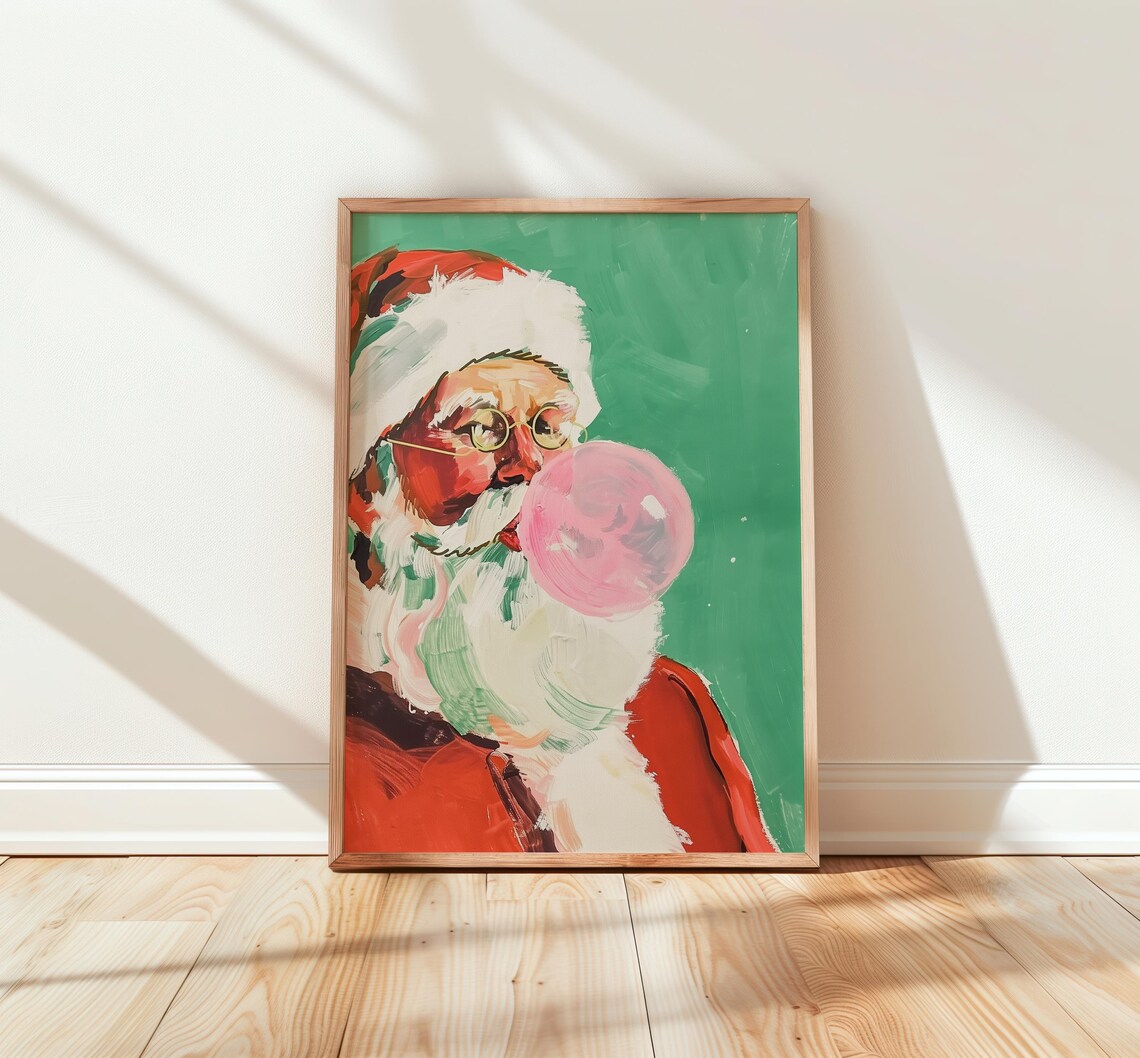 Jolly Santa Blowing Bubblegum Vintage Christmas Art Print