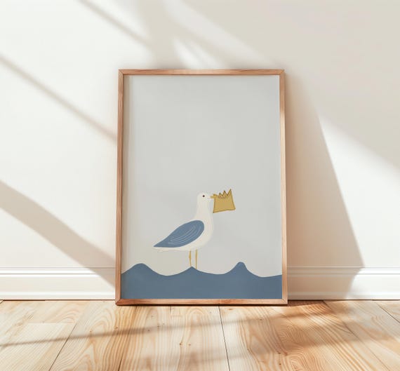 Playful Seagull Paper Boat Print Nautical Decor Kids Room Decoration Ocean Coastal Art Sea Life Nursery 67