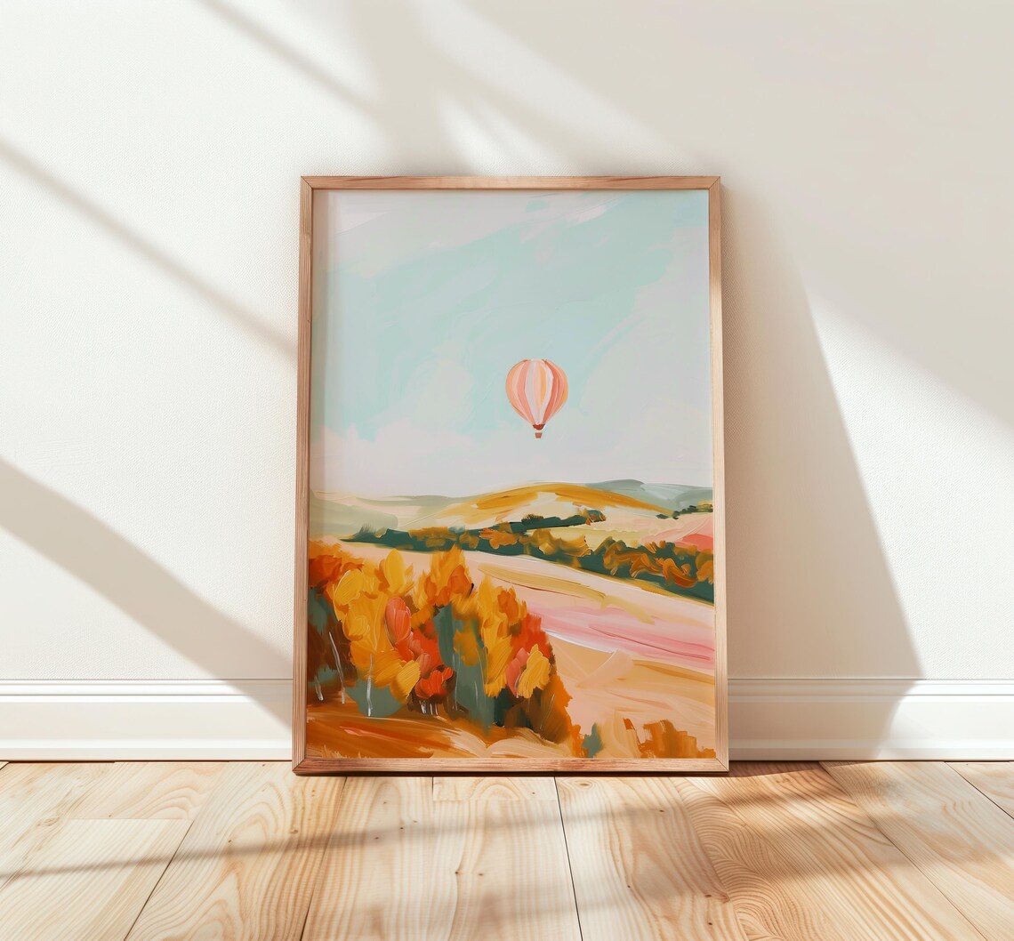 Lone Hot Air Balloon Drifting Over Golden Autumn Hills Painting Poster