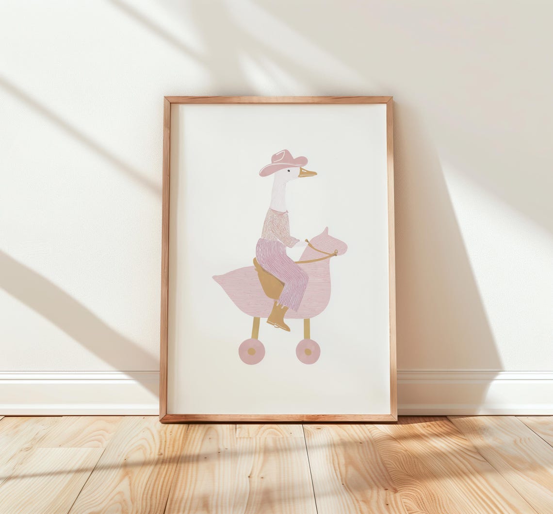 Pink Cowgirl Goose Riding Pink Rocking Horse Nursery Wall Art