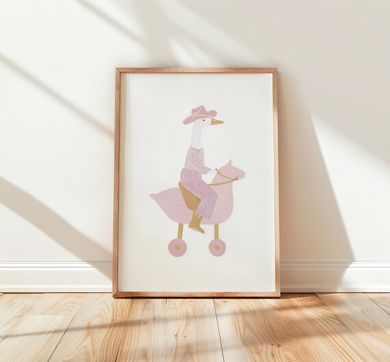 Pink Cowgirl Goose Riding Pink Rocking Horse Nursery Wall Art