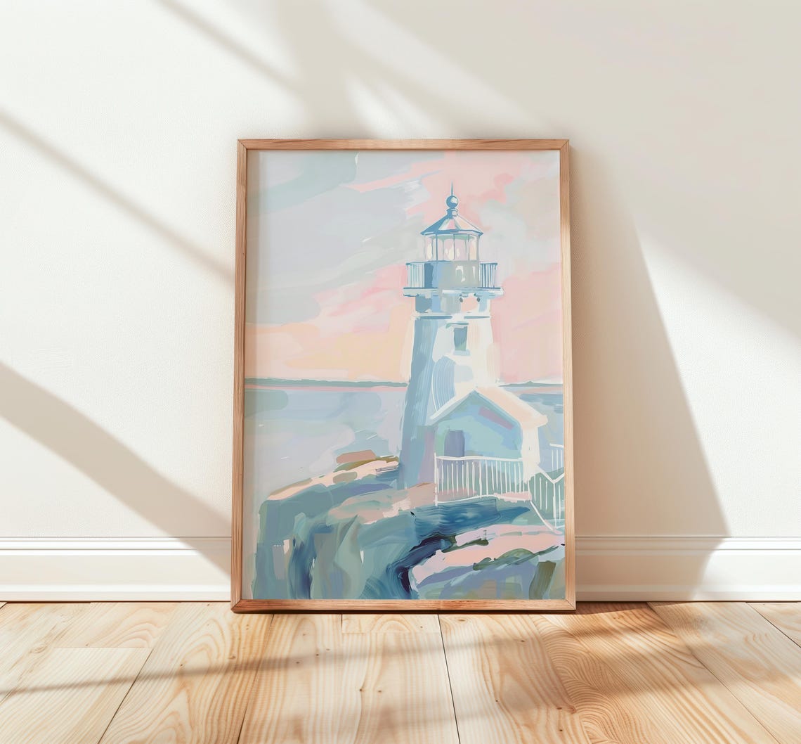 Lighthouse on Rocky Cliff Soft Pastel Watercolor Seascape Poster