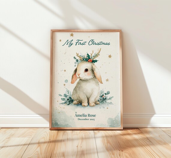 Personalized Baby First Christmas Bunny Watercolor Nursery Print