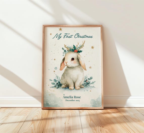 Personalized Babys First Christmas Rabbit Print Custom Name Holiday Wall Art Nursery Decor 2025