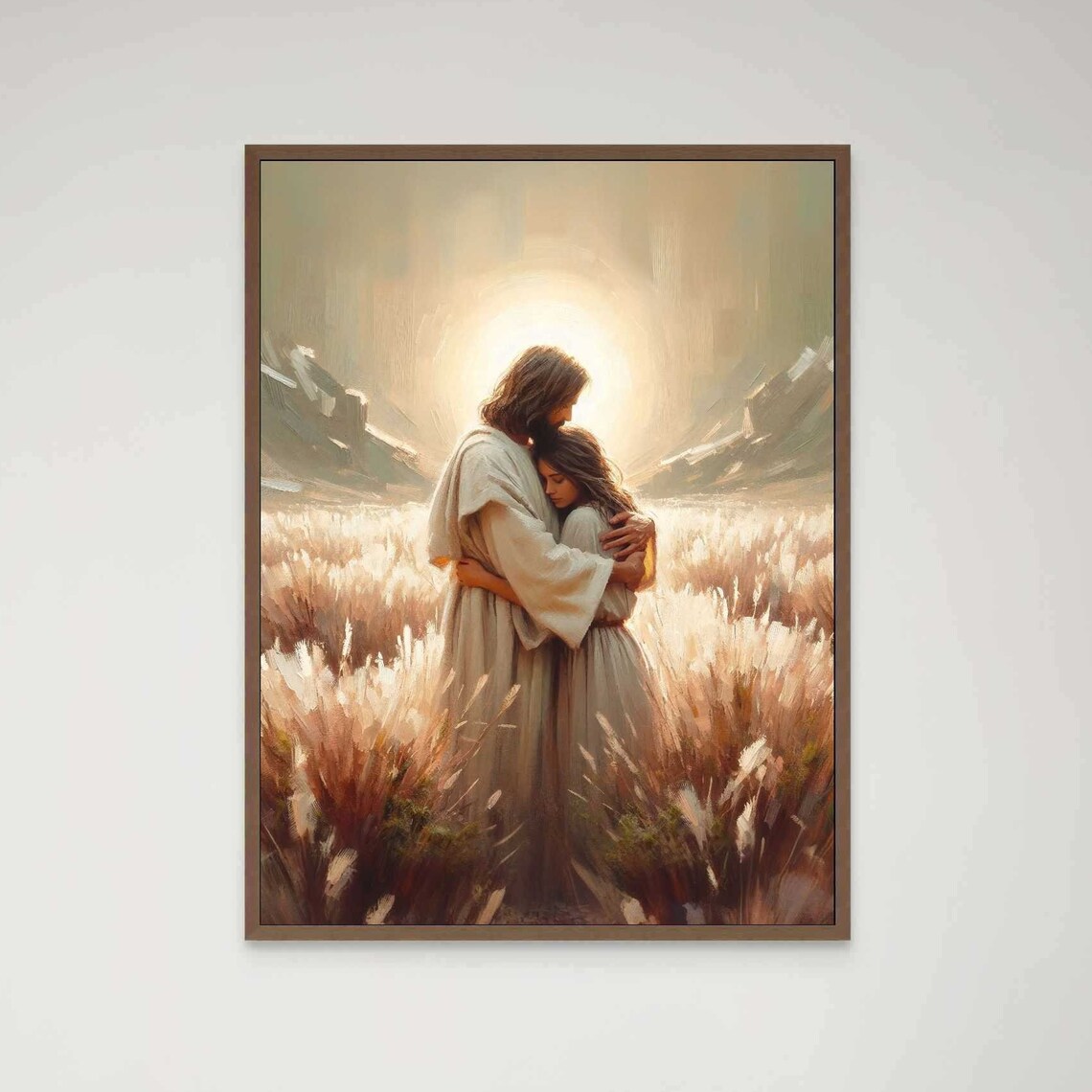 Jesus Embracing Girl In Sunlit Wheat Field With Radiant Sunrise Poster