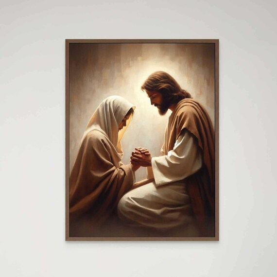 Jesus Christ And Veiled Woman With Clasped Hands In Prayer Poster
