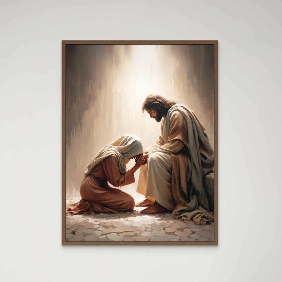 Jesus Comforting Kneeling Woman Prayer Hands Christian Art Poster