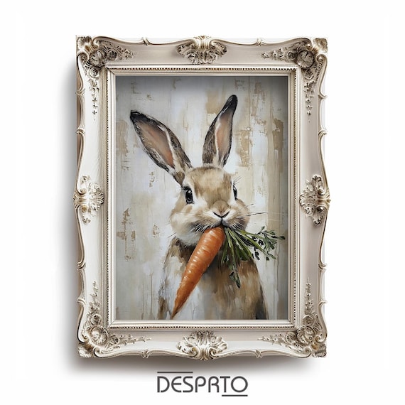 Cute Bunny Rabbit Holding Carrot Whimsical Nursery Painting Poster