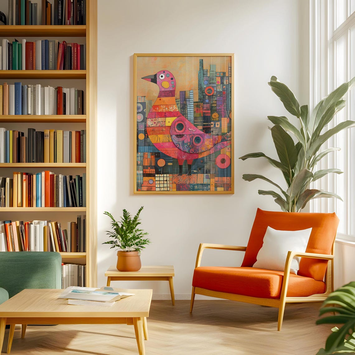 Stylized Patchwork Pigeon Over A Geometric Cityscape Art Poster - Image 3