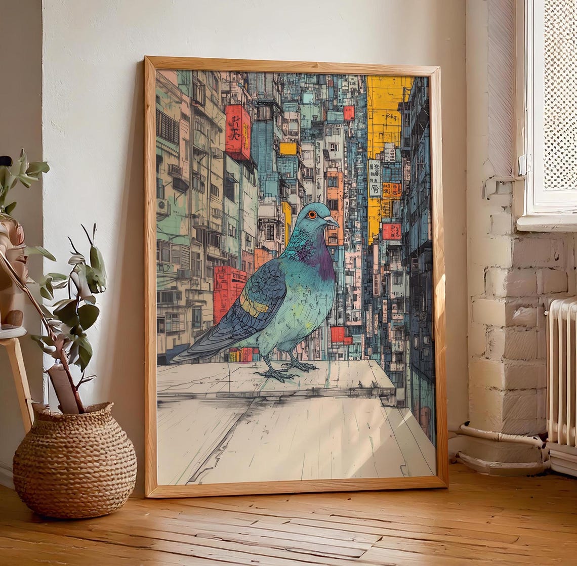 Teal Pigeon Perched Above A Bustling Asian Street Scene Poster